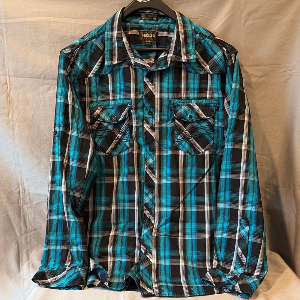Helix Men's Teal and Black Checkered Shirt